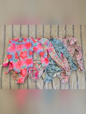 Lot Of 4Girls Long Sleeve Floral & Tropical One-Piece Swimsuits - Pink/Blue/Teal